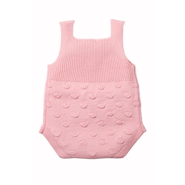 Pink Ribbed&Spotted Cotton Knit Sleeveless Baby Romper