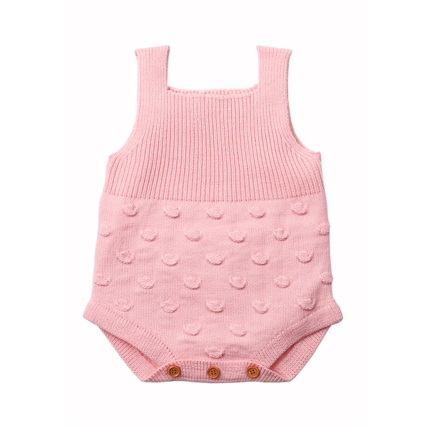 Pink Ribbed&Spotted Cotton Knit Sleeveless Baby Romper