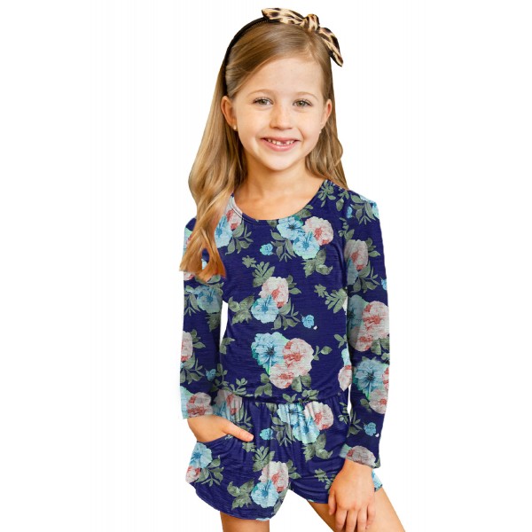 Blue Little Girls' Floral Long Sleeve Romper