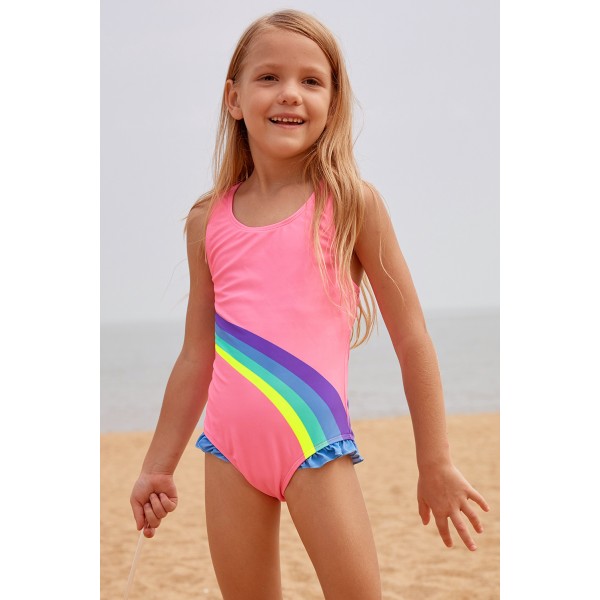 Cute Rainbow Trim Pink Baby Girls One Piece Swimsuit