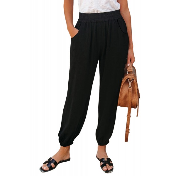 Black Linen Pocketed Elastic Waistband Joggers