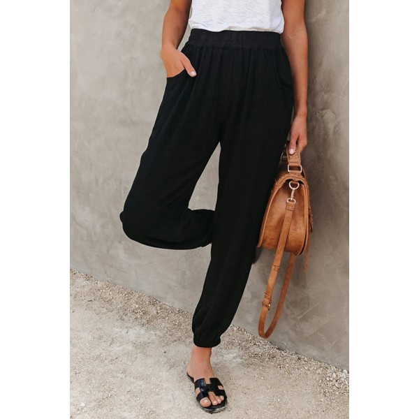 Black Linen Pocketed Elastic Waistband Joggers