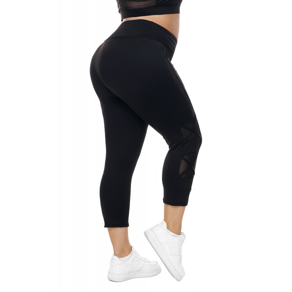 Black Crisscross Mesh Cutout Plus Size Yoga Pants