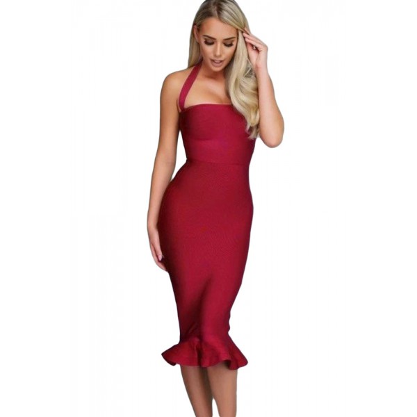 Wine Halter Mermaid Midi Bodycon Bandage Dress with Flare