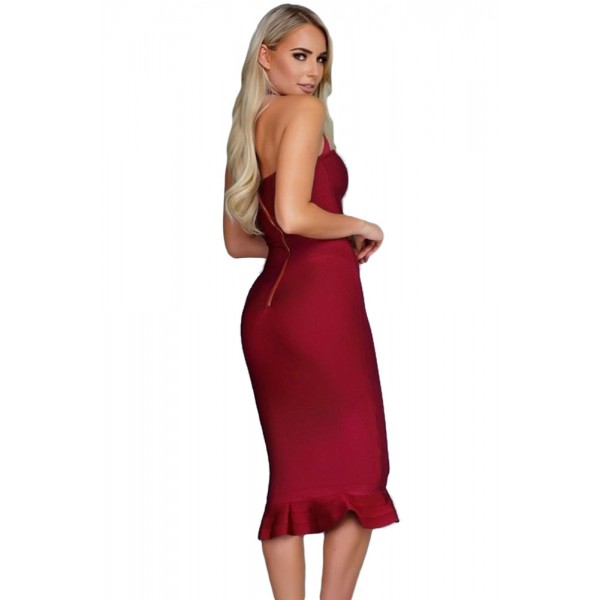 Wine Halter Mermaid Midi Bodycon Bandage Dress with Flare