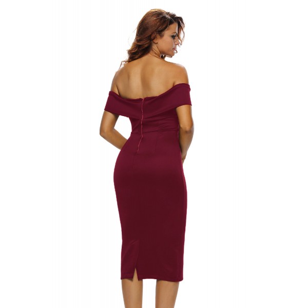 Burgundy Off-the-shoulder Midi Dress