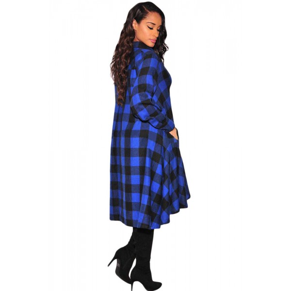 Blue Black Plaid Flared High Low Blouse Dress