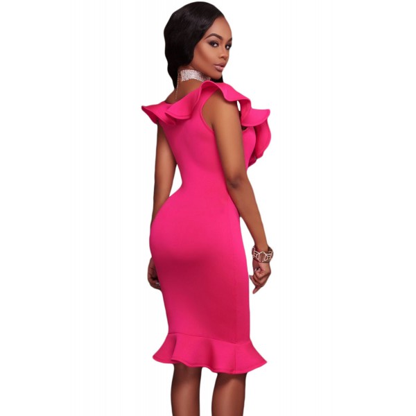 Rosy Ruffle Neckline Mermaid Hem Midi Dress