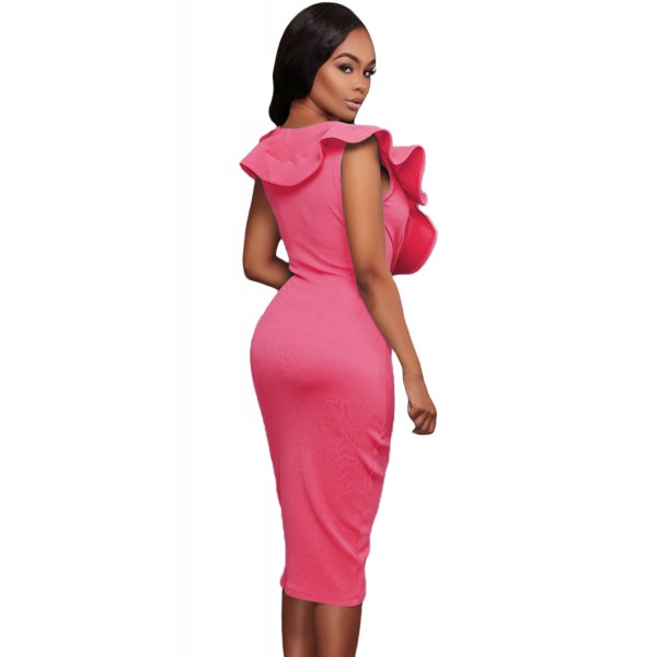 Rosy Ruffle V Neck Bodycon Midi Dress