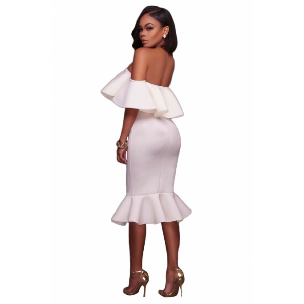 White Ruffle Off Shoulder Mermaid Midi Party Dress