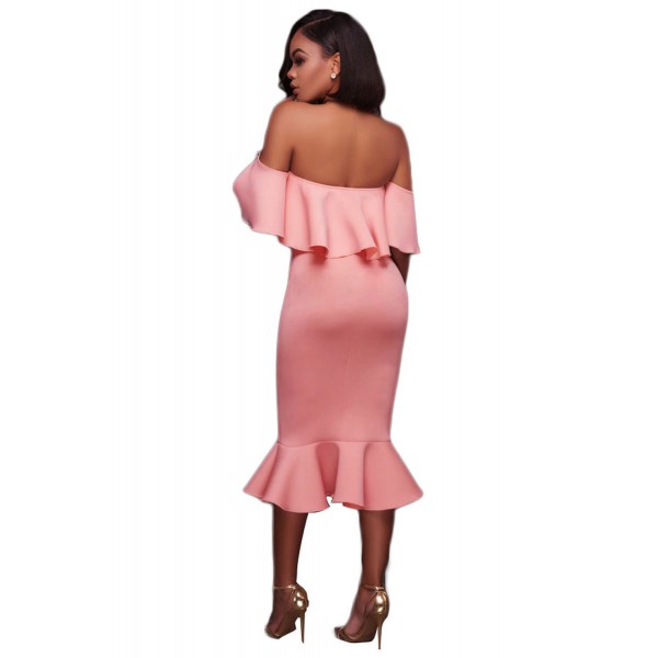 Pink Ruffle Off Shoulder Mermaid Midi Party Dress