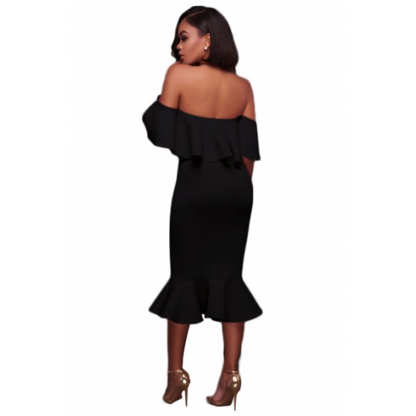 Black Ruffle Off Shoulder Mermaid Midi Party Dress