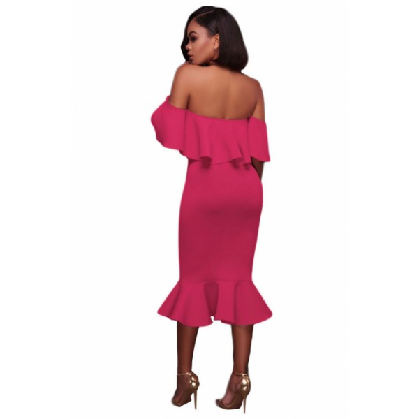 Rosy Ruffle Off Shoulder Mermaid Midi Party Dress