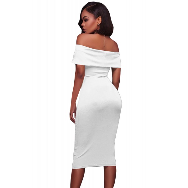 White Ruched Off Shoulder Bodycon Midi Dress