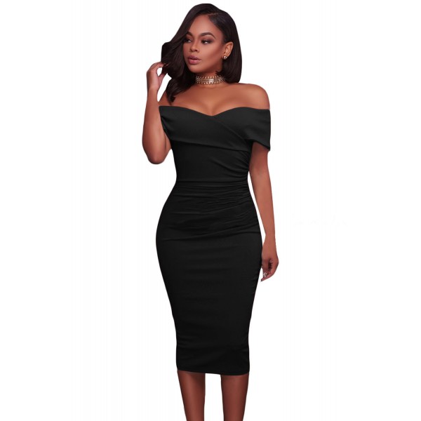 Black Ruched Off Shoulder Bodycon Midi Dress