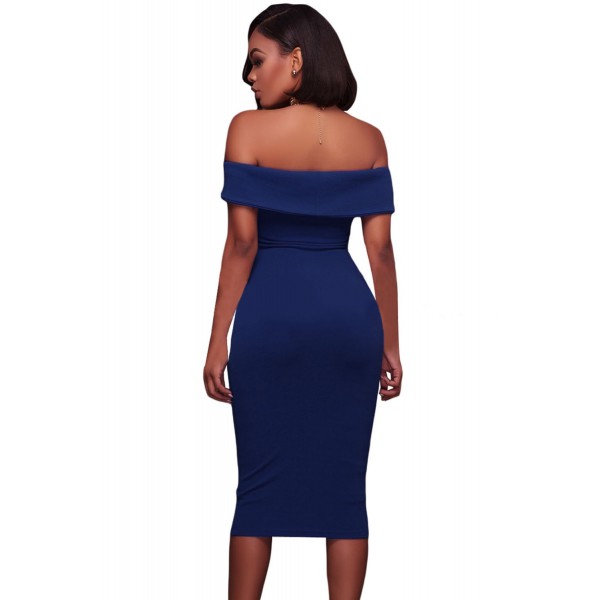 Royal Blue Ruched Off Shoulder Bodycon Midi Dress