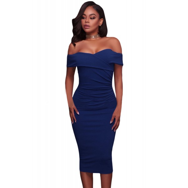 Royal Blue Ruched Off Shoulder Bodycon Midi Dress