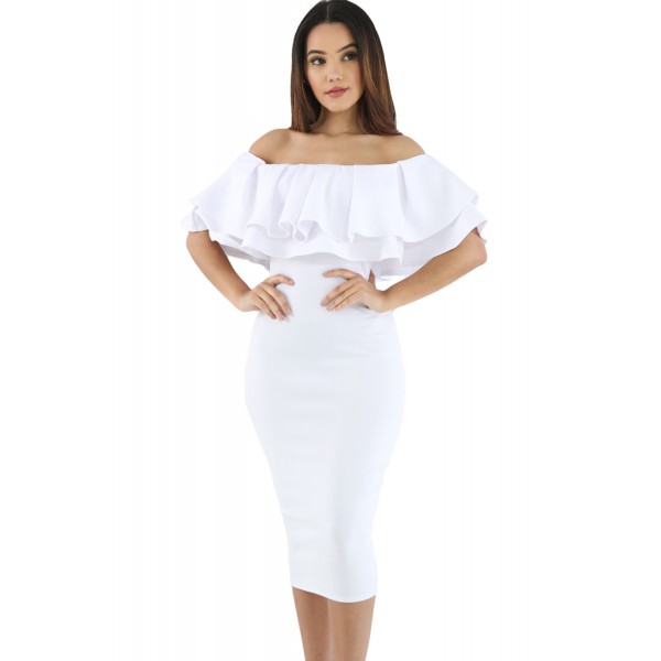 White Layered Ruffle Off Shoulder Midi Dress