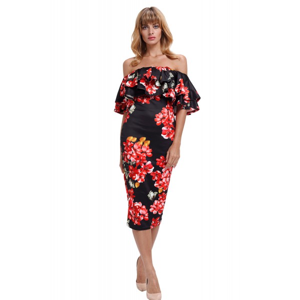 Black Red Floral Layered Ruffle Off Shoulder Midi Dress