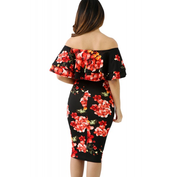 Black Red Floral Layered Ruffle Off Shoulder Midi Dress