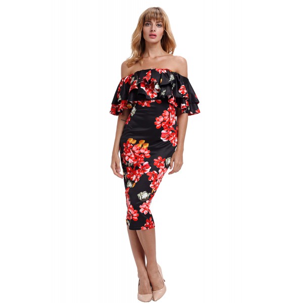 Black Red Floral Layered Ruffle Off Shoulder Midi Dress