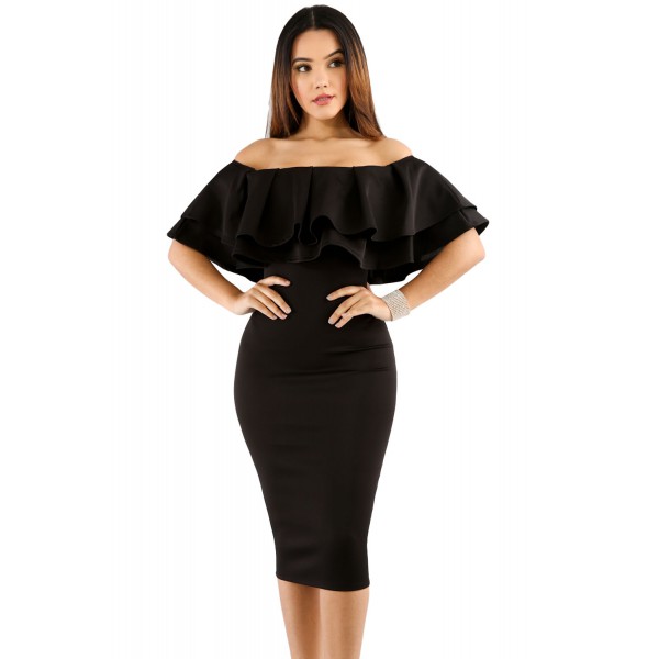 Black Layered Ruffle Off Shoulder Midi Dress