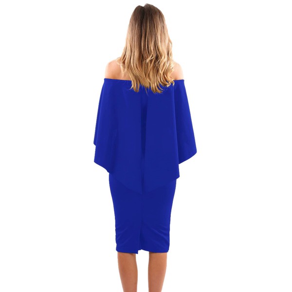 Royal Blue Luxurious Off Shoulder Batwing Cape Midi Poncho Dress