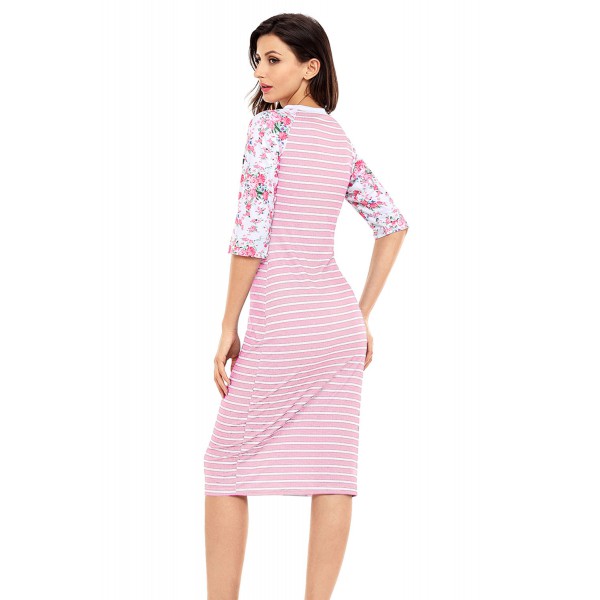 Pink White Stripe Floral Sleeve Midi Dress