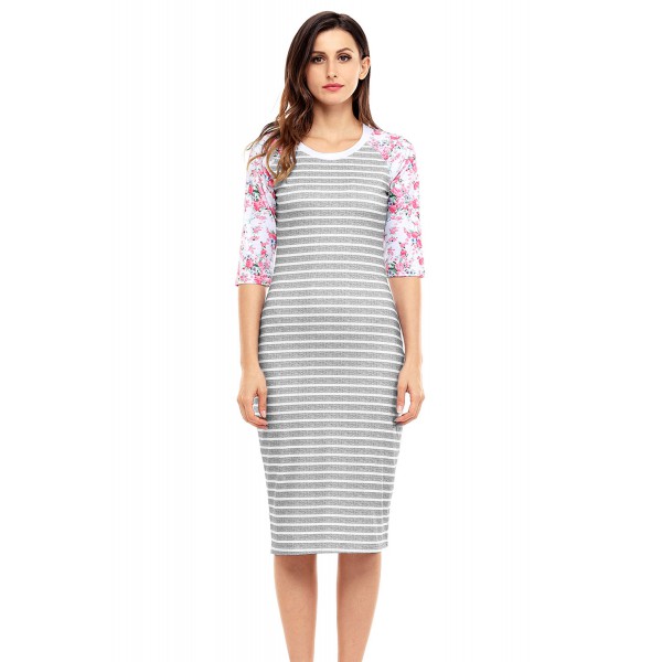 Grey White Stripe Floral Sleeve Midi Dress