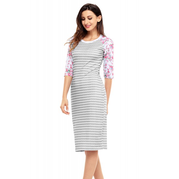 Grey White Stripe Floral Sleeve Midi Dress