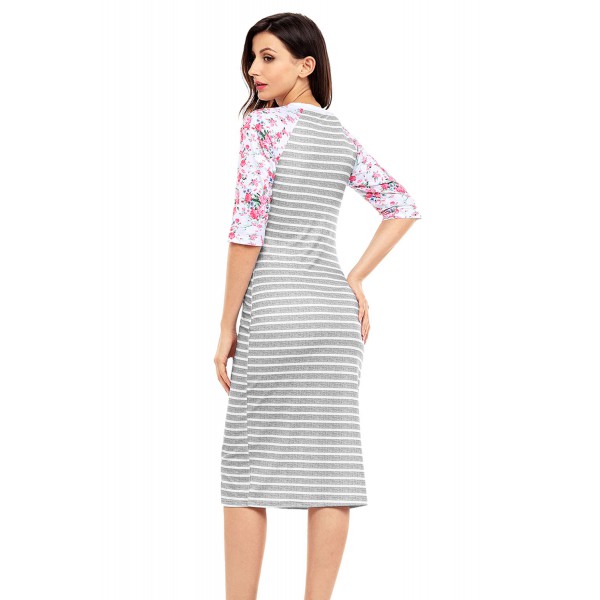 Grey White Stripe Floral Sleeve Midi Dress