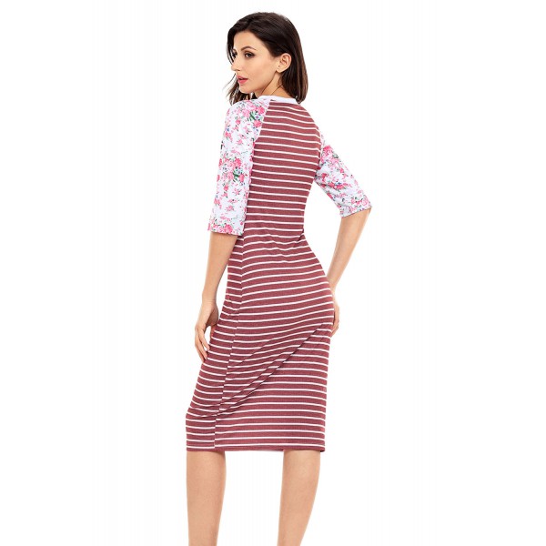 Wine White Stripe Floral Sleeve Midi Dress