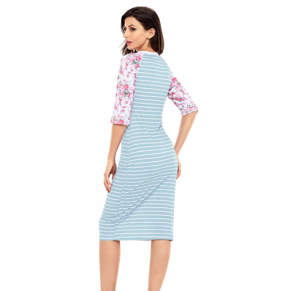 Blue White Stripe Floral Sleeve Midi Dress