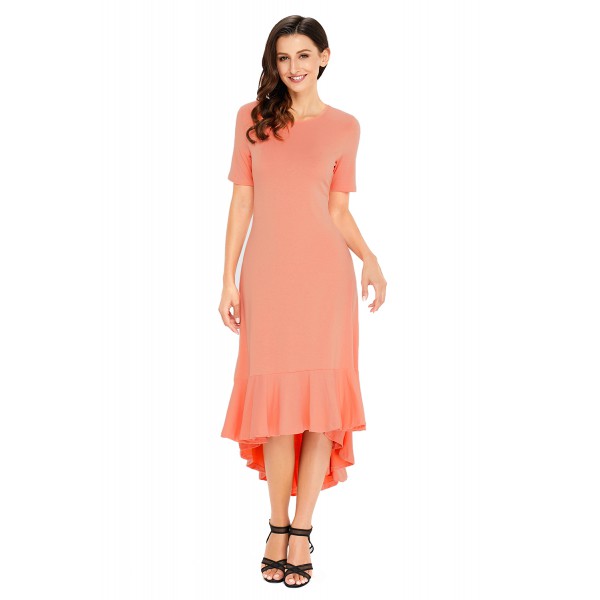 Coral Flowy Ruffles Short Sleeve Casual Dress