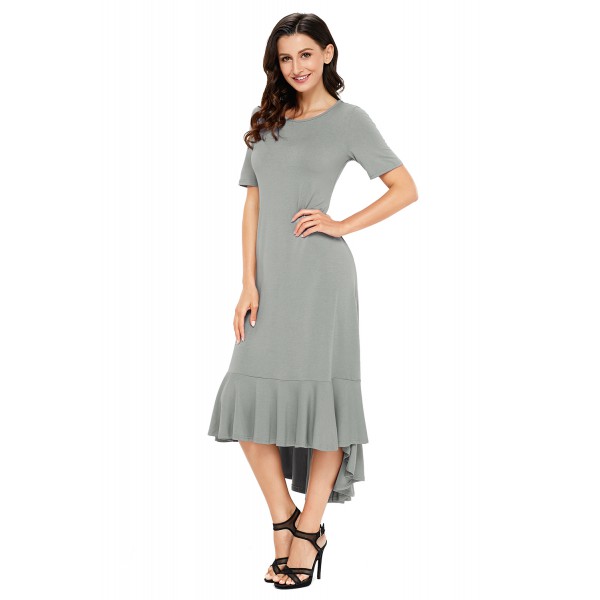 Grey Flowy Ruffles Short Sleeve Casual Dress