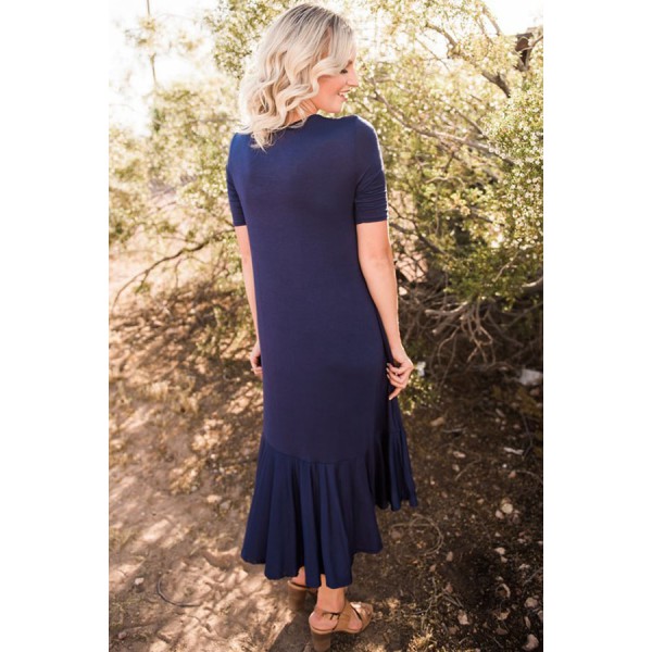 Navy Blue Flowy Ruffles Short Sleeve Casual Dress