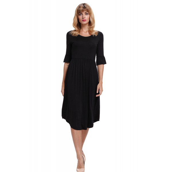 Black Ruffle Sleeve Midi Jersey Dress