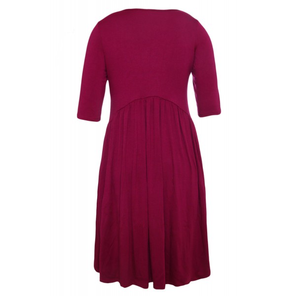 Wine 3/4 Sleeve Draped Swing Dress