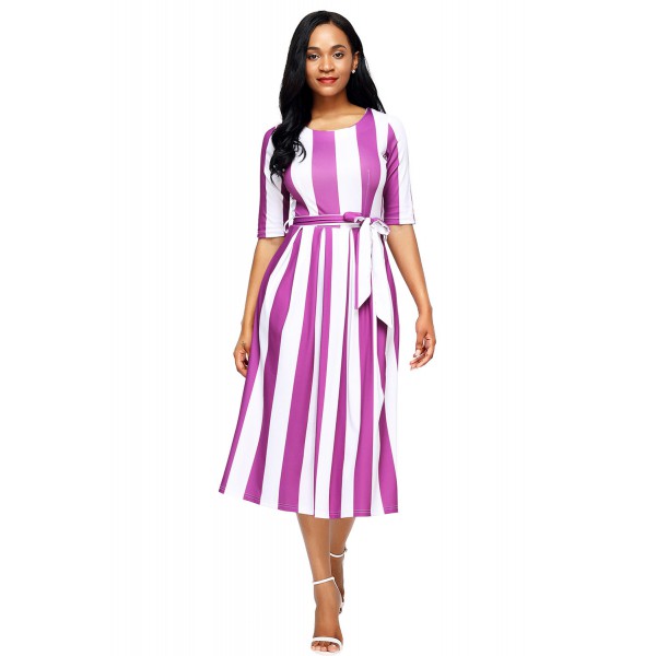 Purple Stripe Print Half Sleeve Belted Dress