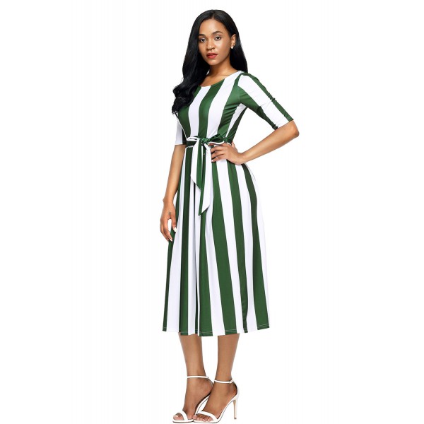 Olive Stripe Print Half Sleeve Belted Dress