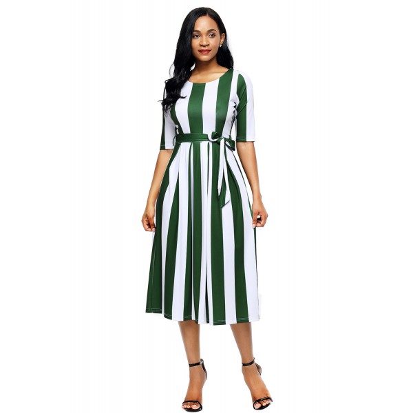 Olive Stripe Print Half Sleeve Belted Dress
