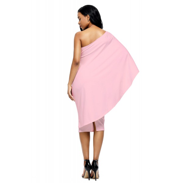 Pink Batwing Sleeve One Shoulder Sheath Dress