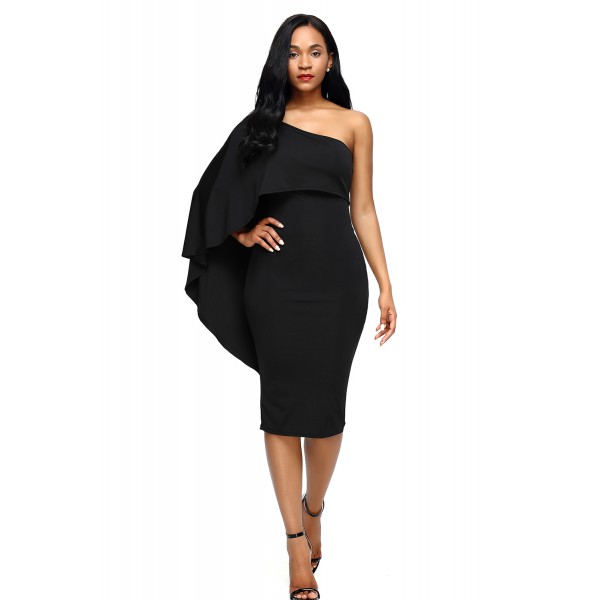 Black Batwing Sleeve One Shoulder Sheath Dress