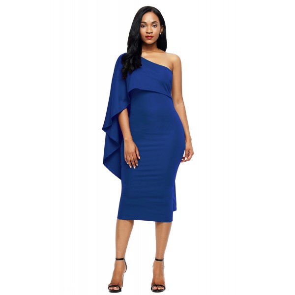 Royal Blue Batwing Sleeve One Shoulder Sheath Dress