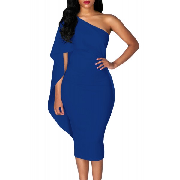 Royal Blue Batwing Sleeve One Shoulder Sheath Dress