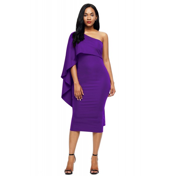 Purple Batwing Sleeve One Shoulder Sheath Dress