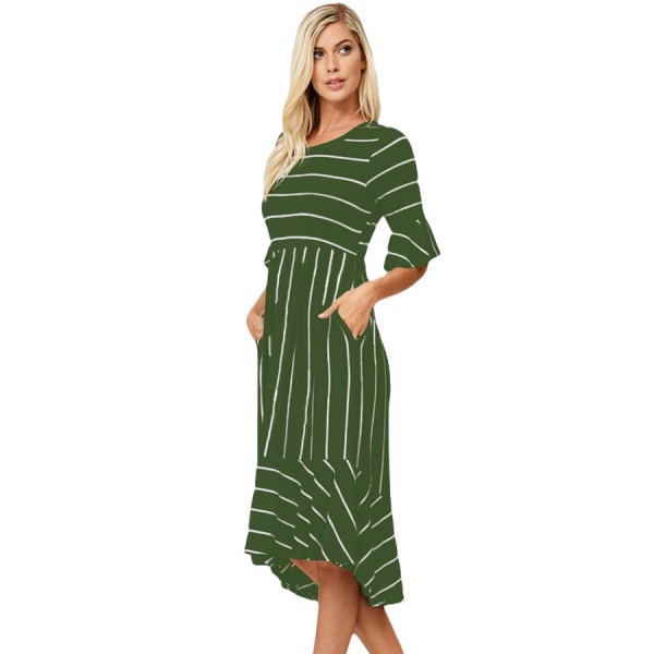 Green White Striped Bell Sleeve Hi-low Midi Dress