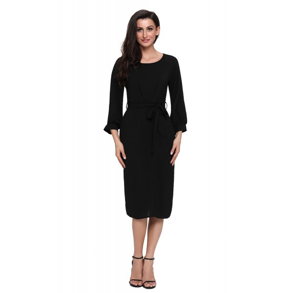 Black Puff Sleeve Belt Chiffon Pencil Dress