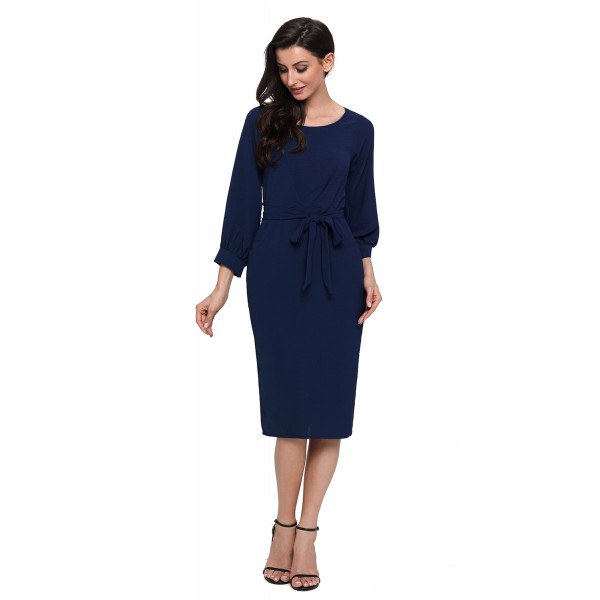 Blue Puff Sleeve Belt Chiffon Pencil Dress