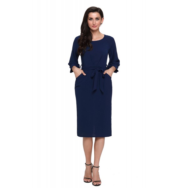 Blue Puff Sleeve Belt Chiffon Pencil Dress